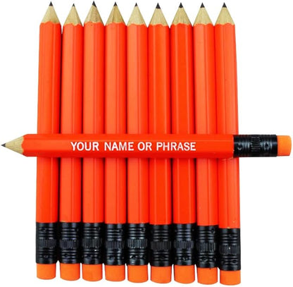 EZPENCILS & GIFTS - Golf Pencils Tipped with Eraser (1/2 a Pencil - Pew Pencils) - Neon Orange Colored Barrel - FREE-PERSONALIZATION - 2HB Black Lead - Custom Text - Non-Smear Eraser – Package of 50