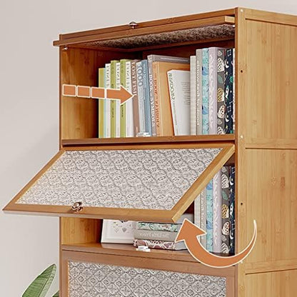 Bamboo Bookcase with flip-up Acrylic Doors, 1-5 Tier Free Standing Book Shelf Storage Organizer for Living Room Office Bedroom (Wood 70 * 32 * 172cm)