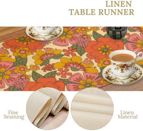 Retro 70s Floral Table Runner Hippie Daisy Flower Peace Love Birthday Party Retro Kitchen Dinning Home Decoration 13x108 Inch