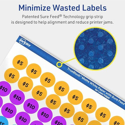 Avery® TrueBlock® Matte White Round Labels, Sure Feed® Technology, 0.5" Diameter, 1,540 Matte White Labels, Print-to-The-Edge, Laser/Inkjet Printable, Great for Product Merchandising Stickers