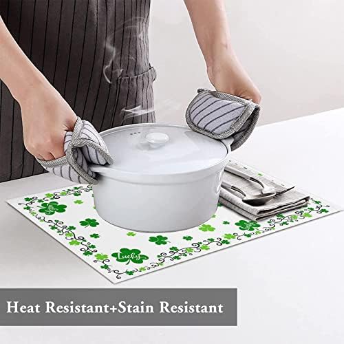 St. Patrick's Day Placemats Set of 4, Green Shamrock Irish Clover Heat Resistant Washable Dining Table Mats Seasonal Spring Holiday Farmhouse Decor for Kitchen&Table Linens Outdoor Indoor