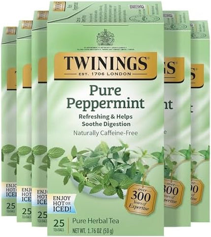Twinings Pure Peppermint Caffeine-Free Herbal Tea Bags, 25 CT Box (6 Pack)