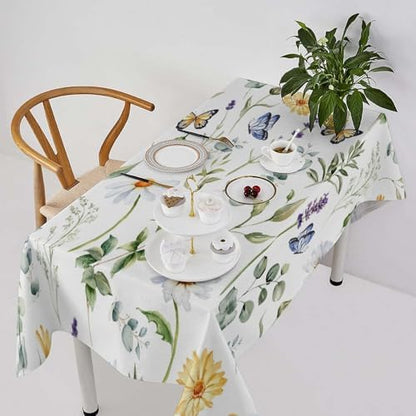 Watercolor Wildflowers Tablecloth, Summer Daisy Lavender Eucalyptus Branches Leaves Print Table Cover for Tea Party Weddings Indoor Outdoor Dining 60x110in