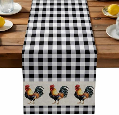 Farm Animals Chicken Table Runner Dresser Scarf 13 x 36 Inch Black White Buffalo Plaid Linen Table Runners Non-Slip Heat Resistant Kitchen Dining Table Decor for Home Holidays Indoor Outdoor