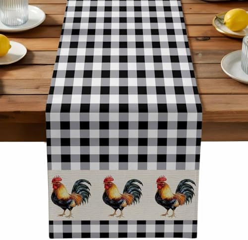 Farm Animals Chicken Table Runner Dresser Scarf 13 x 108 Inch Black White Buffalo Plaid Linen Table Runners Non-Slip Heat Resistant Kitchen Dining Table Decor for Home Holidays Indoor Outdoor
