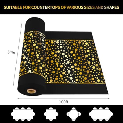 CXPSINC 54 Inch X 100 Feet Plastic Table Cover Roll Disposable Tablecloth with Slide Cutter for All Type/Shape Tables | Party, Banquet, Birthdays, Weddings(Black Golden Dot, 100 Feet)