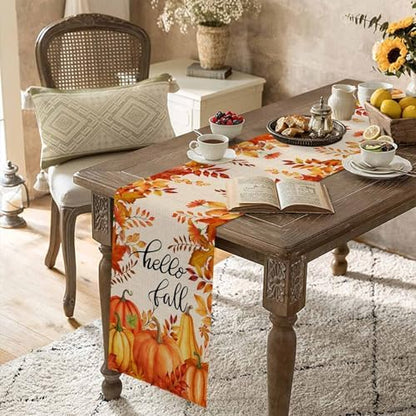 Fall Pumpkin Table Runner Dresser Scarf 14 x 72 Inch Harvest Orange Maple Leaves Table Runners Non-Slip Heat Resistant Kitchen Dining Table Decor for Autumn Thanksgiving Holidays Indoor Outdoor