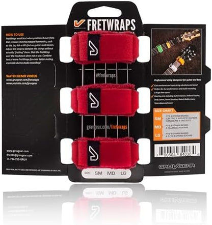Gruv Gear Fret Wrap & Guitar Mute, Fretwrap for Acoustic, Electric & Bass | String Dampener Recording, Tapping & Practice Accessory (3 Pack, Medium Red, Fits 5 String Bass, 7 String Guitar)