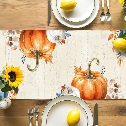 Fall Orange Blue Pumpkin Table Runner Dresser Scarf 13 x 60 Inch Eucalyptus Leaf Retro Thanksgiving Table Runners Non-Slip Heat Resistant Kitchen Dining Table Decor for Autumn Holidays Indoor Outdoor