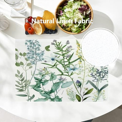 Batmerry Summer Green Sage Linen Placemats Set of 4, Vintage Plant Leaves Elegant Blue Wild Flowers Washable Table Mats for Kitchen Table Thickened Heat Insulation Dining Set Indoor Outdoor 12X18 in