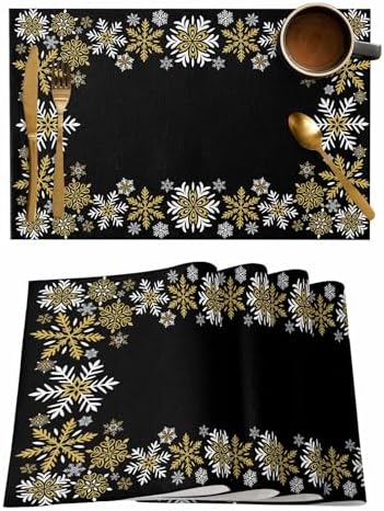 Gold White Snowflakes Chriatmas Placemats Set of 4, Winter Xmas Holiday Heat Resistant Washable Table Place Mats Black Cotton Table Linens Party Holiday Decor for Kitchen Dining Outdoor Indoor