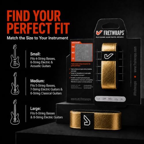 Gruv Gear Fret Wrap & Guitar Mute, Fretwrap for Acoustic, Electric & Bass | String Dampener Recording, Tapping & Practice Accessory (1 Pack, Large Gold, Fits 6 String Bass, 8 String Guitar)