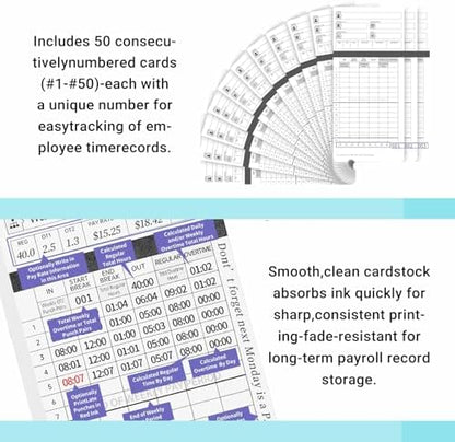 600 Time Cards Includes 2 Replacement Ink Ribbons for HN4000 Employee Time Clocks – Compatible with uPunch HN4000,HN2000, HN2500, HN4500 – Pre-Punched, Cards Numbered 1–50,