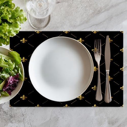 Batmerry Black French Fleur De Lis Placemats,Golden Pastoral Flowers Washable Linen Table Mats for Kitchen Table Double Insulation Decor Dining Set Indoor Outdoor 12X18 in Set of 4