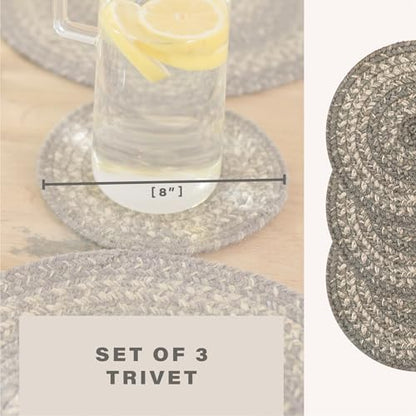 Homespice Grey Cloud Braided Trivets Ideal as Hot Pads, Round 8" Set of 3