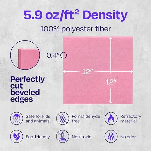 Acoustic Panels 12-Pack Soundproof Wall Panels 12"X12"X0.4" Sound Panels High Density Sound Dampening Panels - [Chic Pink Square]