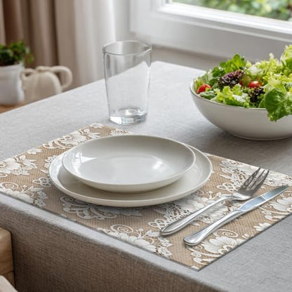Batmerry Floral Linen Placemats Set of 4, Template White Lace Background Washable Table Mats for Kitchen Table Thickened Heat Insulation Dining Set Indoor Outdoor 12X18 in