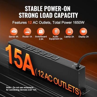 VEVOR 12 Outlet Horizontal 1U Rack Mount PDU Power Strip for Network Server Racks, Surge Protection & Overload Protection, 110-125V/15A, with 6ft 14AWG Power Cord