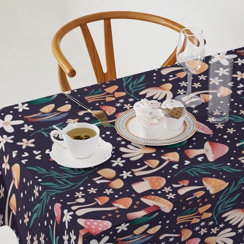 Retro Mushroom Tablecloth, Cartoon Forest Mushroom Florals Leaves Woodland Garden Table Cloth for Kitchen Dining Coffee Table Outdoor Party Decor 55x55in