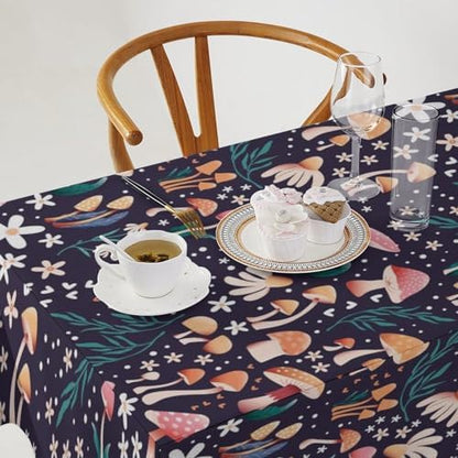 Retro Mushroom Tablecloth, Cartoon Forest Mushroom Florals Leaves Woodland Garden Table Cloth for Kitchen Dining Coffee Table Outdoor Party Decor 55x55in