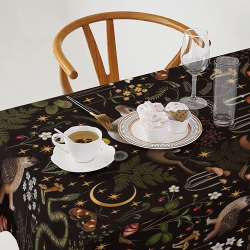 Rustic Forest Tablecloth, Fairy Tale Forest Woodland Wild Animals Moths Flowers Moon Star Table Cover for Home Kitchen Dining Table Party Camping Decor 60x90in