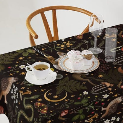 Rustic Forest Tablecloth, Fairy Tale Forest Woodland Wild Animals Moths Flowers Moon Star Table Cover for Home Kitchen Dining Table Party Camping Decor 55x75in