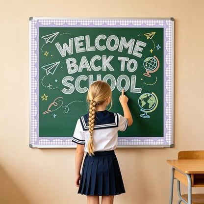 50ft Checkered Bulletin Board Borders, Checkerboard Straight Trim Border with Scalloped Edge Print, Classroom Decor for Chalkboard Whiteboard Back to School Supplies, Purple and White