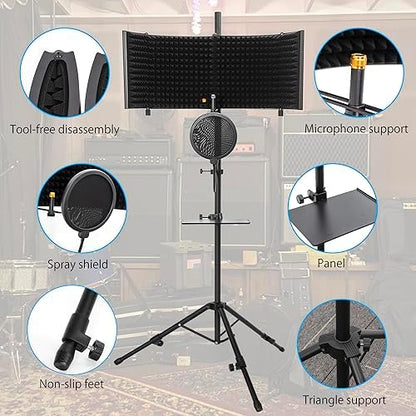 Microphone Isolation Shield with Stand Curved Panel, Foldable Mic Shield with Triple Sound Insulation, Studio Mic Sound Absorbing Foam Reflector for Sound Recording, Podcasts