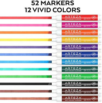 ARTEZA Dry Erase Markers, 52 Pack, 12 Assorted Colors, Low-Odor Whiteboard Markers with Japanese Chisel Tips for Offices, Classrooms, Planning Boards, Glass, and Plastic