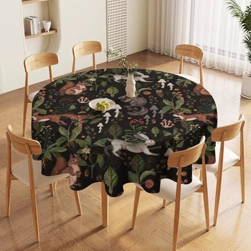 Cartoon Woodland Tablecloth, Watercolor Rustic Forest Wild Animals Bunny Rabbit Squirrel Mushroom Plants Print Table Cloth for Indoor Outdoor Dining Table Party Picnic Decor, 36x36in