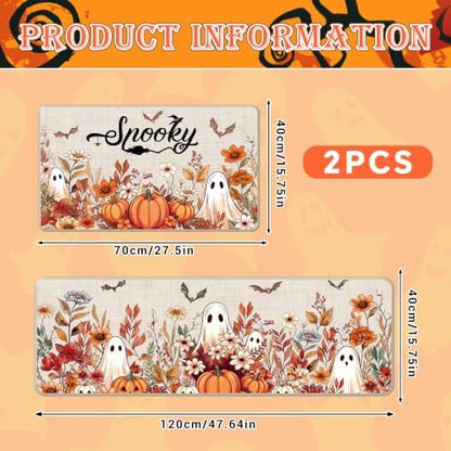 Halloween Kitchen Mats, Pumpkin Ghost Floral Kitchen Rugs