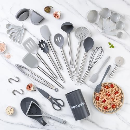 COOK WITH COLOR Silicone Cooking Utensils, Kitchen Utensil Set, Easy to Clean Silicone Kitchen Utensils, Cooking Utensils for Nonstick Cookware, Kitchen Gadgets Set, 38 Piece, Gray