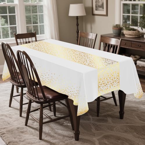 CXPSINC 54 Inch X 100 Feet Plastic Table Cover Roll Disposable Tablecloth with Slide Cutter for All Type/Shape Tables | Party, Banquet, Birthdays, Weddings(White Golden Dot, 100 Feet)