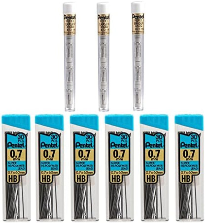 Pentel Super Hi-Polymer HB 0.7mm Lead Refills and Latex-Free White Erasers