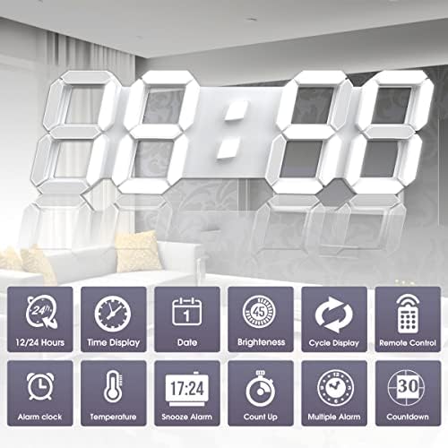 EPSKY 3D White Digital Wall Clock LED Large Alarm Clock Adjustable Brightness 12/24 Hours Display and Date Display for Kitchen Homes Offices Gyms (15inch)