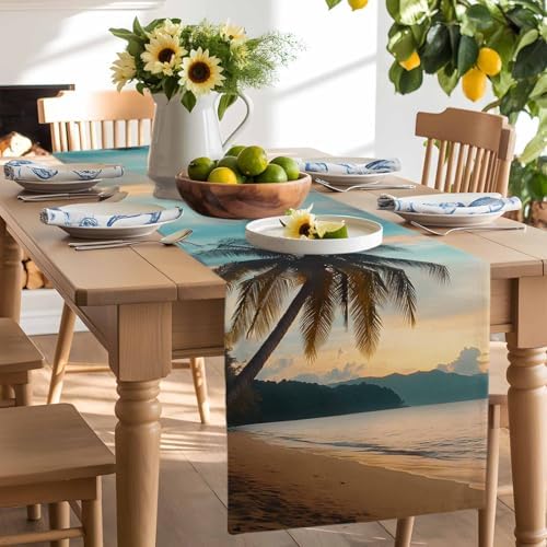 Sunset Beach Table Runner Dresser Scarf 13 x 108 Inch Tropical Coastal Ocean Palm Tree Nautical Table Runners Non-Slip Heat Resistant Kitchen Dining Table Decor for Home Holidays Indoor Outdoor