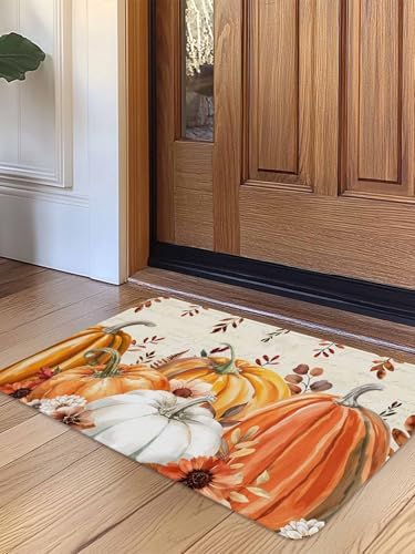 Fall Door Mat Harvest Pumpkin Doormat Orange Flower Eucalyptus Leaves Beige Harvest Thanksgiving Welcome Mat Non Slip Entryway Front Rug Floor Mat for Indoor Outdoor Kitchen Autumn Holiday Decor 18x30
