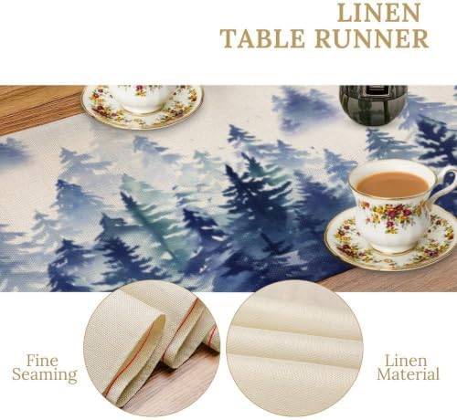 Watercolor Blue Pine Trees Table Runner, Forest Woodland Tabletop Scarf Home Kitchen Holiday Decor, Seasonal Farmhouse Rustic Dining Decorations Party Supply 13 X 36 Inch
