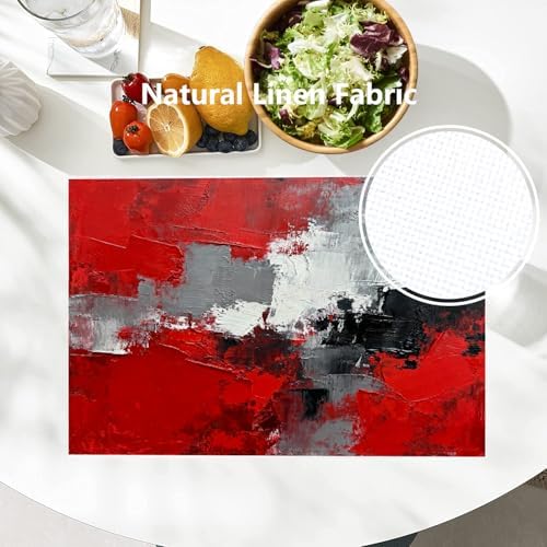Batmerry Abstract Oil Painting Linen Placemats Set of 6, Art Red Grey Scarlet Modern Artwork Washable Table Mats for Kitchen Table Thickened Heat Insulation Dining Set Indoor Outdoor 12X18 in