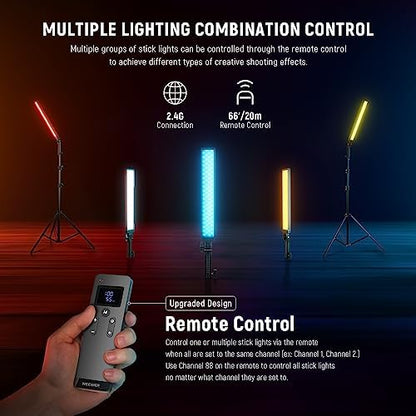 NEEWER Upgraded LED Video Light Stick & 2.4G Remote Kit, 2 Pack Handheld Dimmable 3200K~5600K CRI97+ Video Lighting with Stands/Filters/Bag for YouTube Video Recording Photography Gaming, BH20B Black