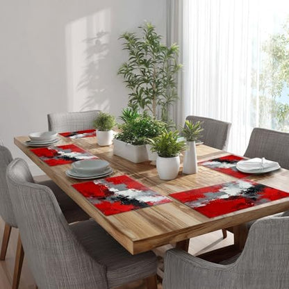 Batmerry Abstract Oil Painting Linen Placemats Set of 4, Art Red Grey Scarlet Modern Artwork Washable Table Mats for Kitchen Table Thickened Heat Insulation Dining Set Indoor Outdoor 12X18 in