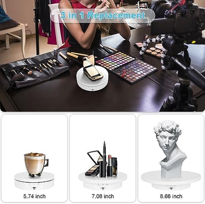 Remote Motorized Rotating Display Stand, Electric Rotating Platform with 5.74/7.08/8.66in Replacement Covers, 3 in 1 Turntable for Live Streaming Video Shoot Photography