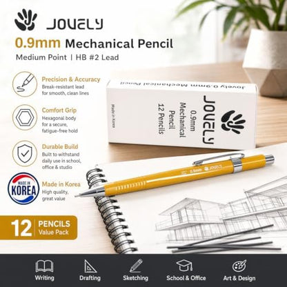 0.9mm Mechanical Pencils, HB #2, Yellow, 12 Count, Made in Korea