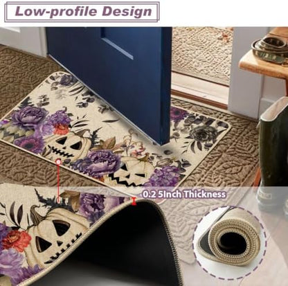 Baccessor Halloween Kitchen Rugs Set of 2, Purple Flowers Spooky Pumpkin Kitchen Mats Low-Profile Non Slip Washable Rugs for Floor Home Decor 17x29 and 17x47 Inch