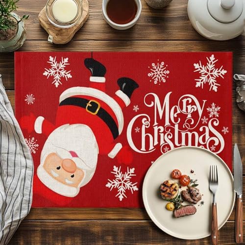Red Merry Christmas Placemats Set of 4, Funny Hanging Santa Heat Resistant Washable Table Place Mats Snow Winter Holiday Cotton Table Linens Party Holiday Decor for Kitchen Dining Outdoor Indoor