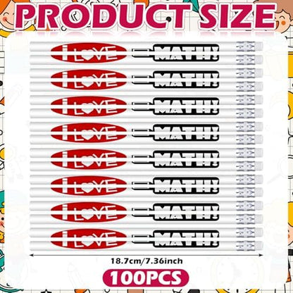 Tenceur 100 Pcs I Love Math Motivational Pencils with Erasers Bulk 7.3 Inches Student Incentives Recognition Education Award Prize for Teacher School Classroom Reward Supplies