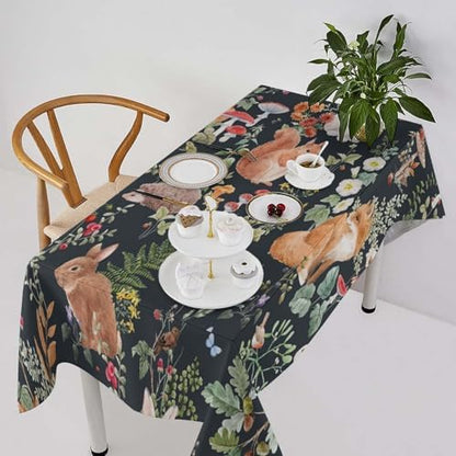Watercolor Forest Tablecloth, Rustic Woodland Animals Squirrel Rabbit Fox Wild Flower Mushroom Leaves Print Table Cloth Cover for Kitchen Dining Indoor Outdoor Decor 55x75in