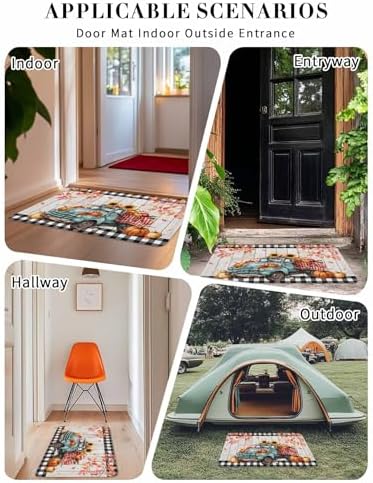 Fall Door Mat Harvest Pumpkin Teal Truck Doormat Sunflower Maple Leaves Wood Plaid Harvest Thanksgiving Welcome Mat Non Slip Entryway Front Rug Floor Mat for Indoor Outdoor Kitchen Autumn 18x30