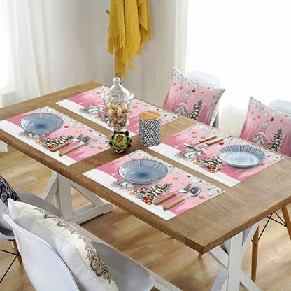 Christmas Gnome Placemats Set of 6, Winter Merry Christmas Tree Balls Heat Resistant Washable Table Place Mats Pink Cotton Table Linens Party Holiday Decor for Kitchen Dining Outdoor Indoor