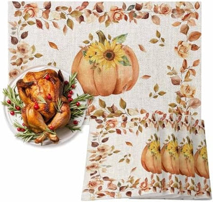 Boho Fall Placemats Set of 4, Thanksgiving Watercolor Pumpkins Heat Resistant Washable Table Place Mats Sunflowers Eucalyptus Table Linens Party Holiday Decor for Home Kitchen Dining Outdoor Indoor,
